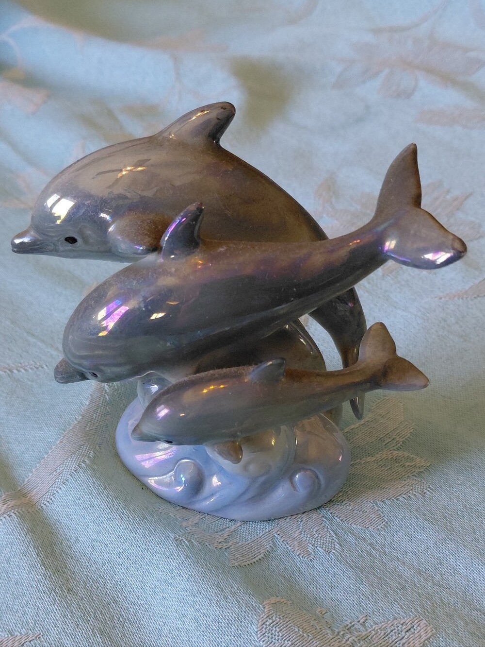 Lefton Iridescent Gray-Blue Dolphin Trio Ceramic Figurine
